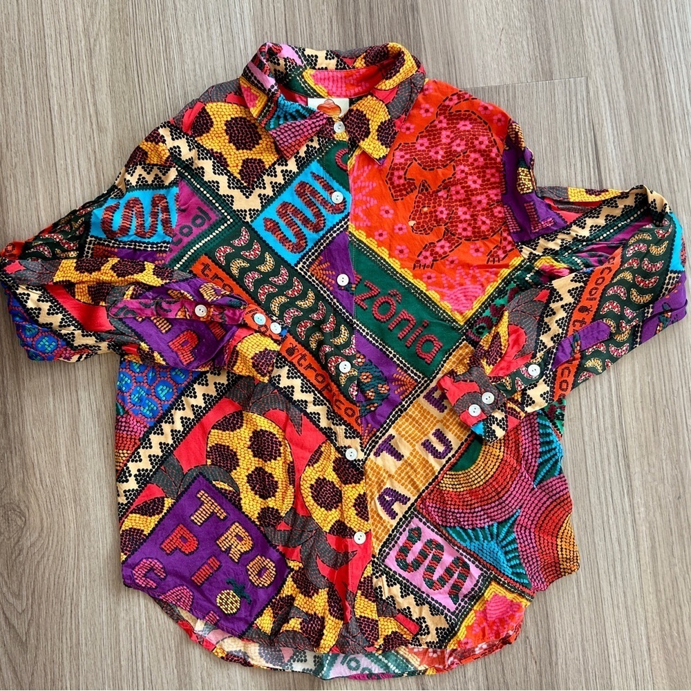 Farm Rio Dotted Patch Scarf Shirt Multicolor Tropical Button Down Blouse Size M - Picture 3 of 13